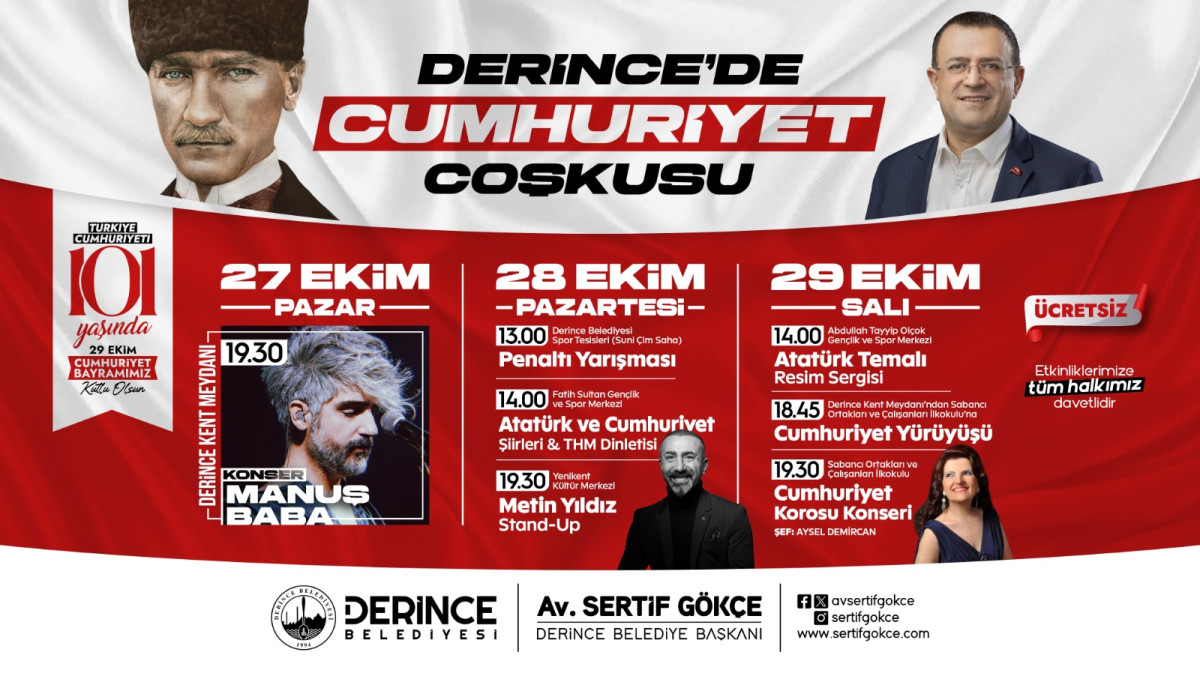 DERİNCE’DE CUMHURİYET BAYRAMI COŞKUSU  ÜÇ GÜN SÜRECEK ETKİNLİKLERLE KUTLANACAK